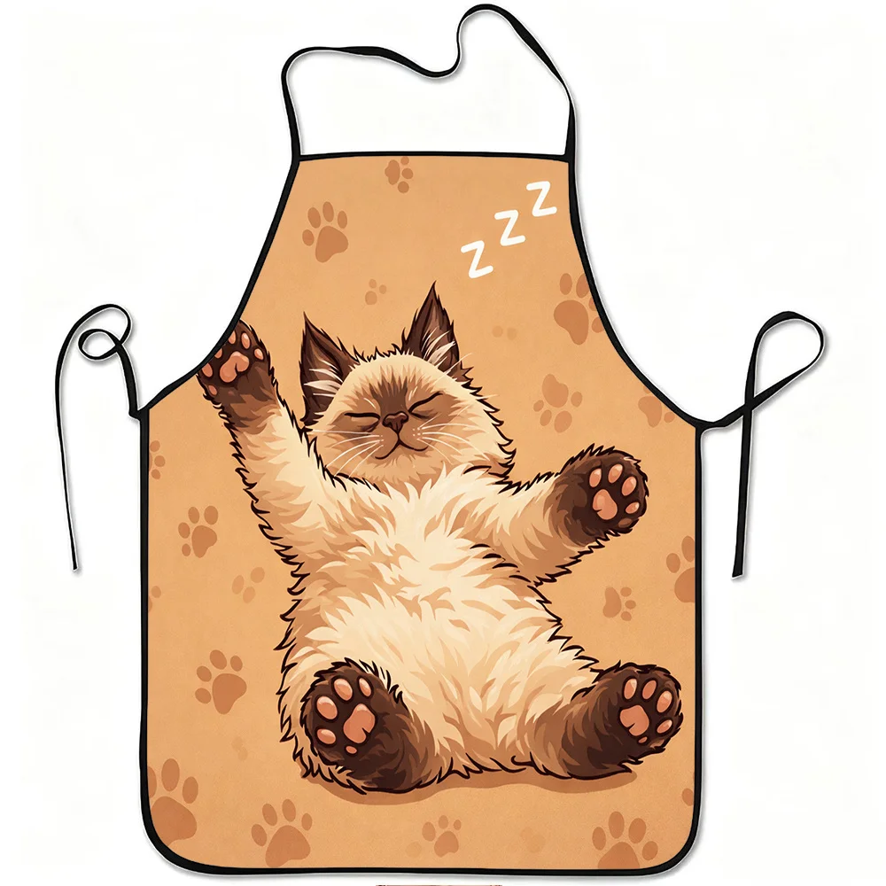 Cute Sleeping Cat Kitchen Apron - Funny Cartoon Cat Nap Pattern Linen Look Chef Bib for Men Women Cooking Baking Gift Decor
