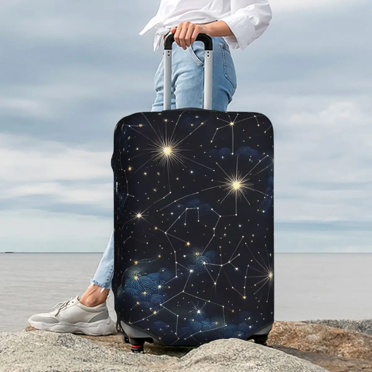 

Night Sky Golden Celestial Stars Zodiac Constellations Suitcase Cover Protection Elastic Luggage Protector Covers for 18-32 Inch