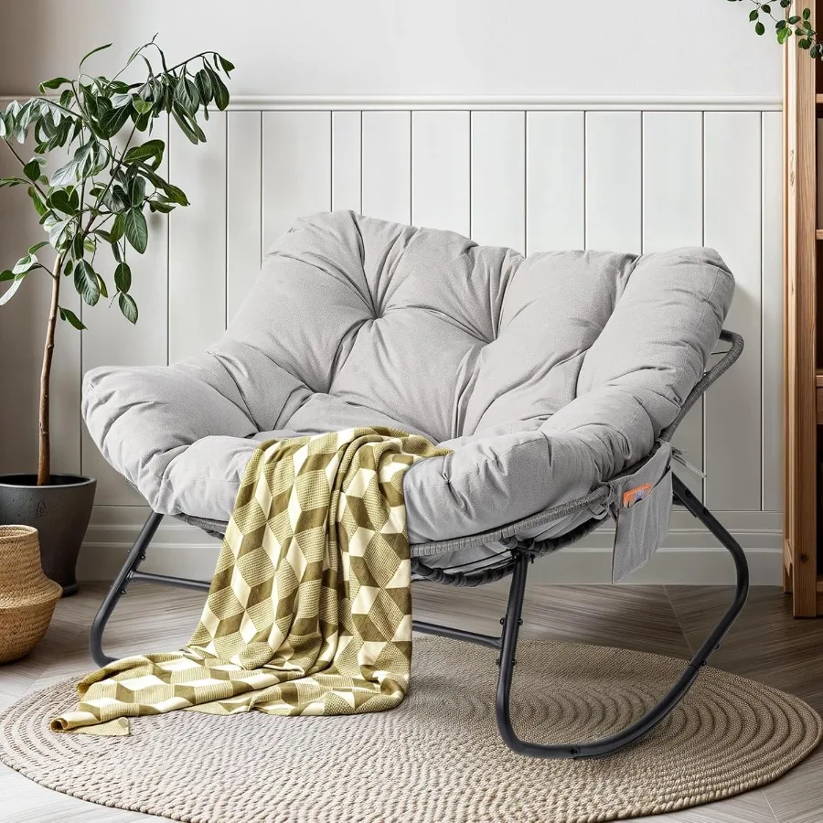 Papasan Rocking Chair Outdoor Patio Rocking Chairs with Thick Cushiond Removable Side Pockets Oversized Rocker Egg Chair for Be
