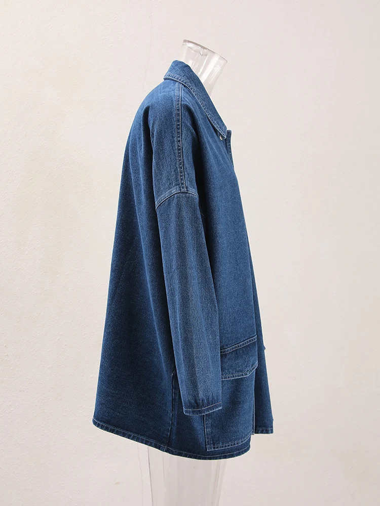 DEAT Fashion Women\'s Denim Coat Lapel Loose Single Breasted Falling Shoulder Sleeves Solid Color Simple Jackets Summer 2024 New