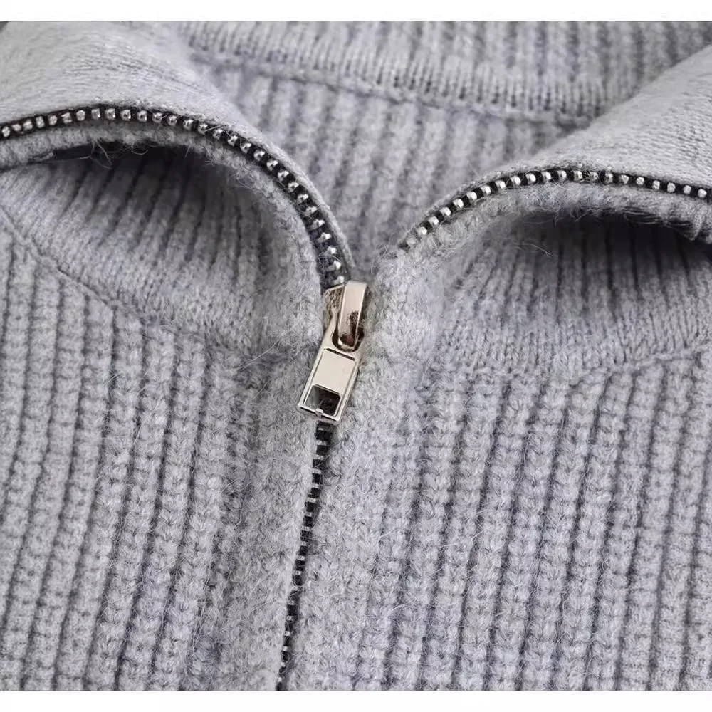 Autumn and Winter Dark Grey Knit Cardigan Double End Zipper Short Top Turndown Collar Coat Women Slim Warm Fashion Knitwear