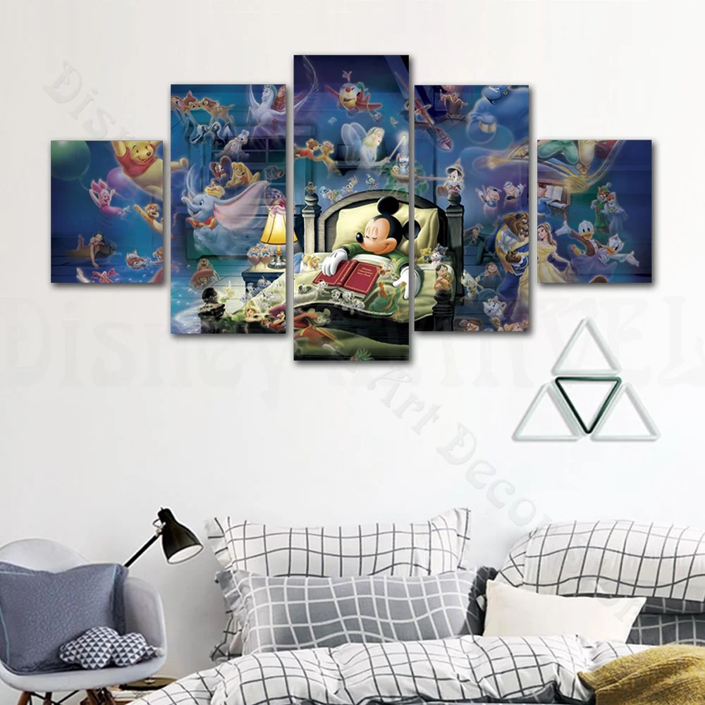 5Pcs Mickey Mouse Canvas Painting Wall Poster and Print Art Picture Disney Anime Living Bedroom Home Decoration Children's Gifts