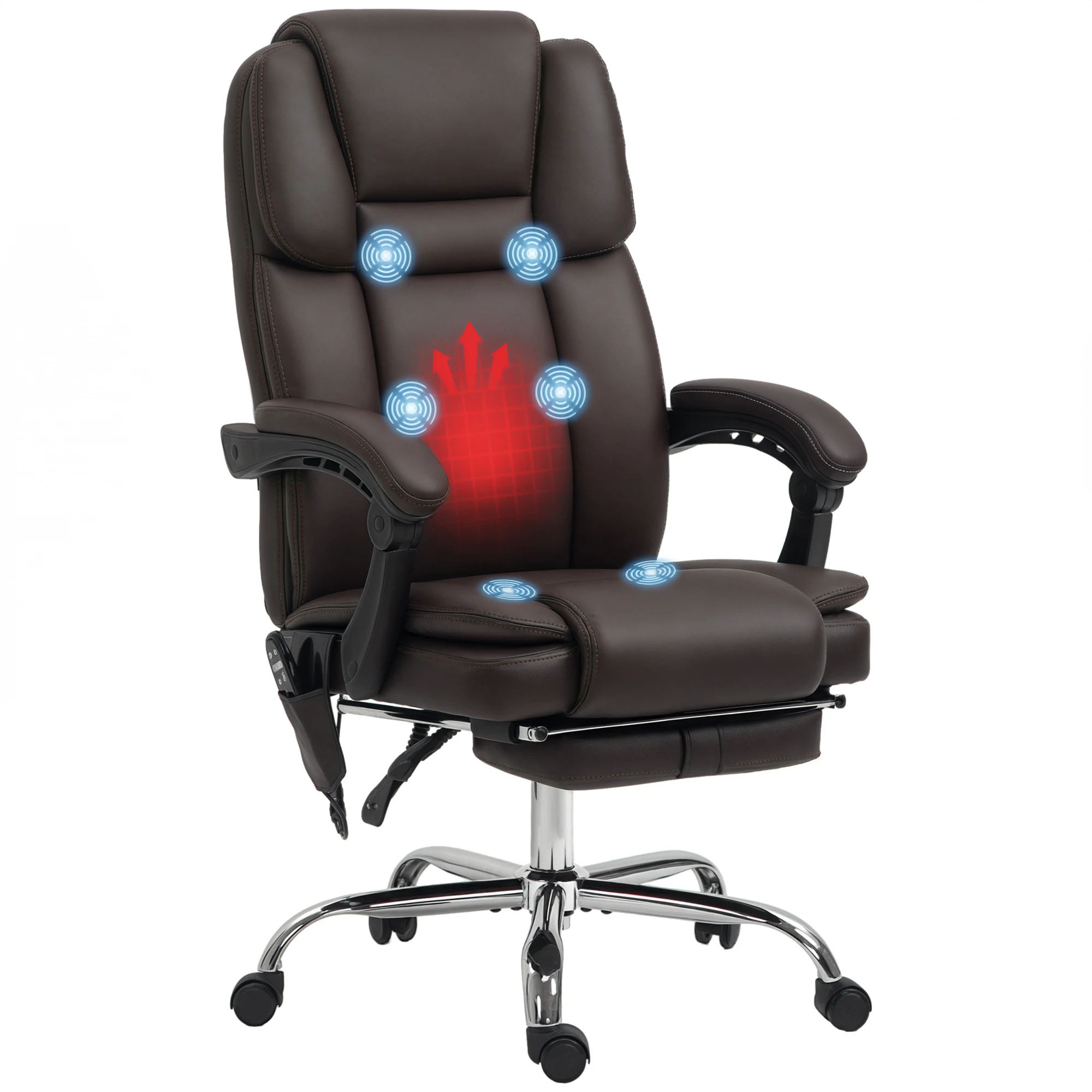 Vinsetto Massage Office Chair with Footrest and 6 Vibration Points, Heated Reclining PU Leather Desk Chair with High Back and Adjustable Height, Brown