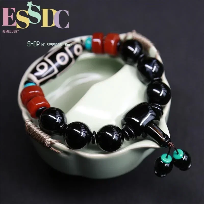 Natural Nine Eyes Dzi Bead Old Agate  Men and Women Retro Tibetan Black Bracelet  Jewelry Wholesale