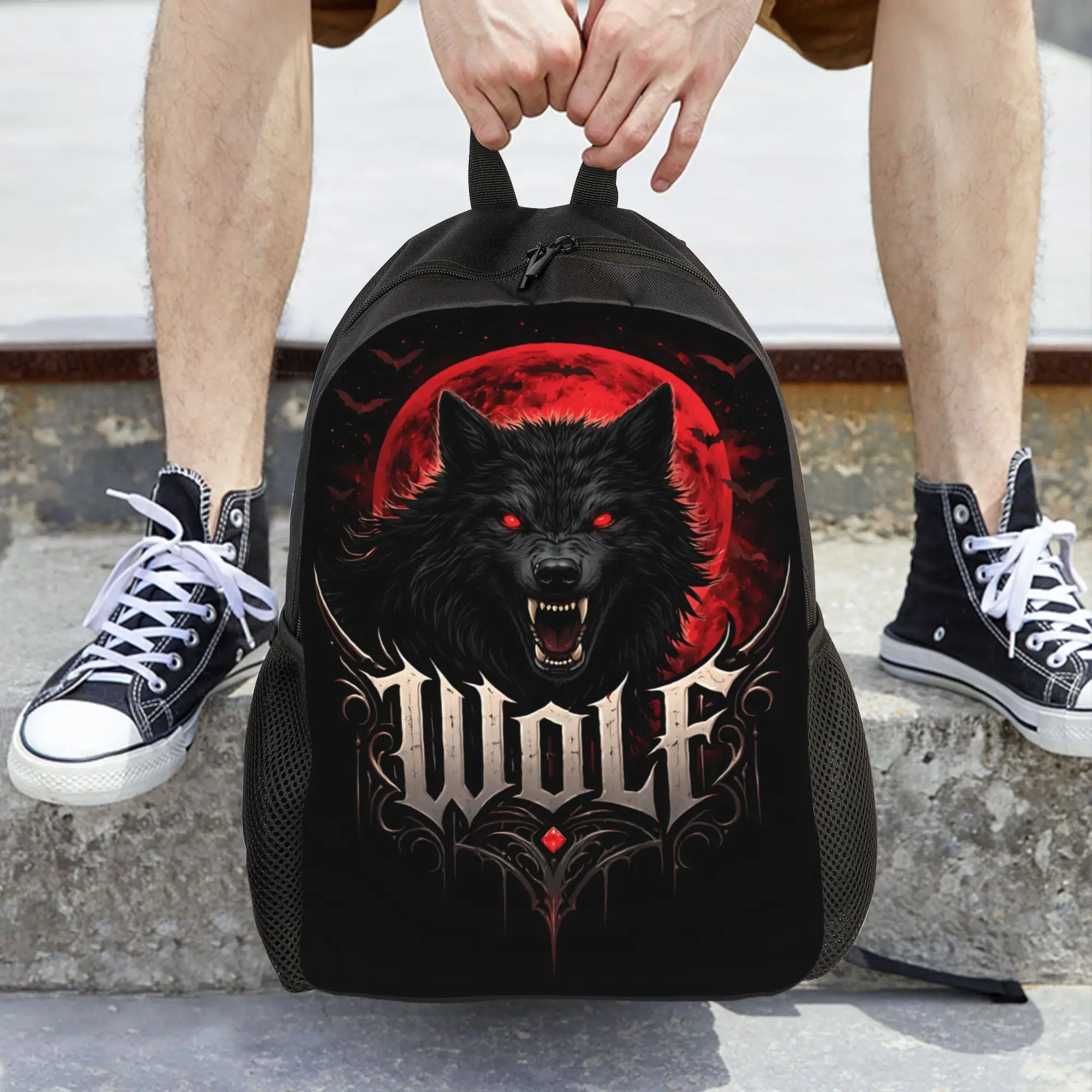 Fashion Halloween Print Dark Wolf Red Moon Art Print backpack  mochila Adjustable Strap Outdoor Retro Washable Rucksack