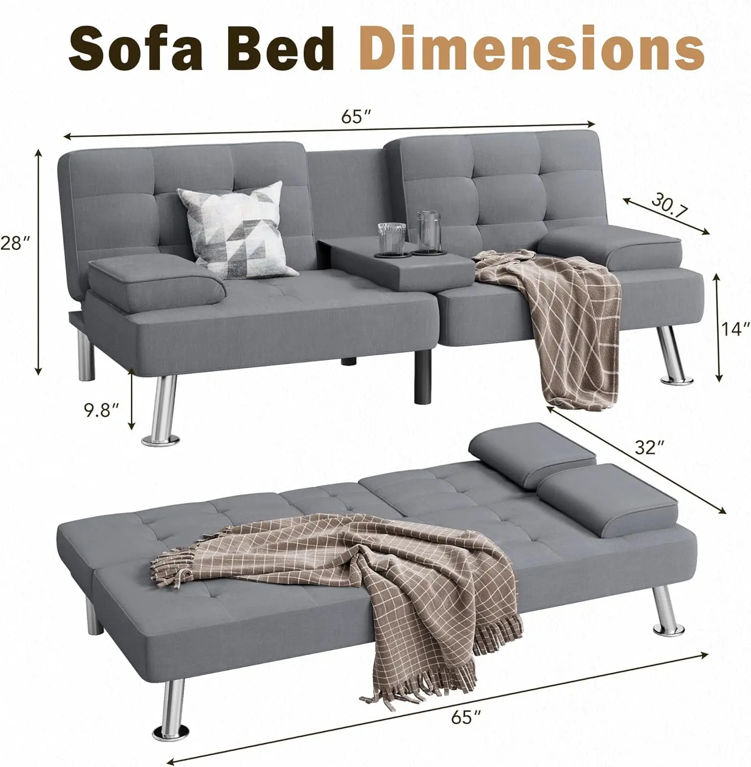 Upholstered Convertible Folding Futon Sofa Bed with Removable Armrests, Metal Legs, 2 Cup Holders for Living Room, Light Grey