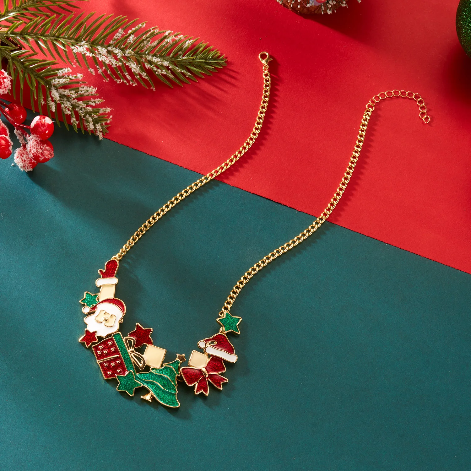 Weihnachts-Metall-Ohrringe, Armband, Halsketten-Set für Frauen, mit Tropfen-Öl-Motiven, Weihnachtsmann, Weihnachtsbaum, Schleife, Hut, Choker, Schmuckdekoration – Detail 5