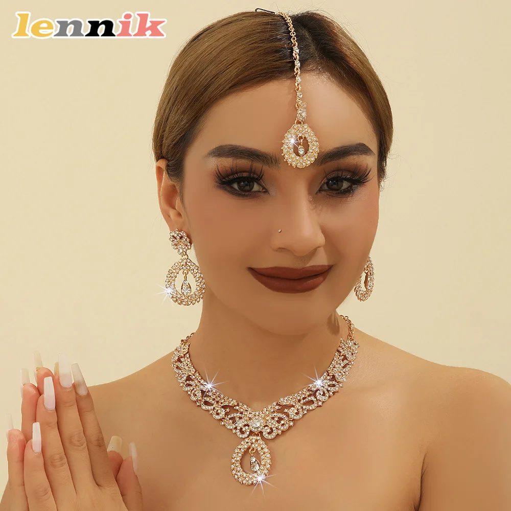 Sparkling Gorgeous LENNIK Set, White Rhinestone Gold Indian Bridal, Necklace Earrings Forehead Chain, Party/Holiday Highlight,