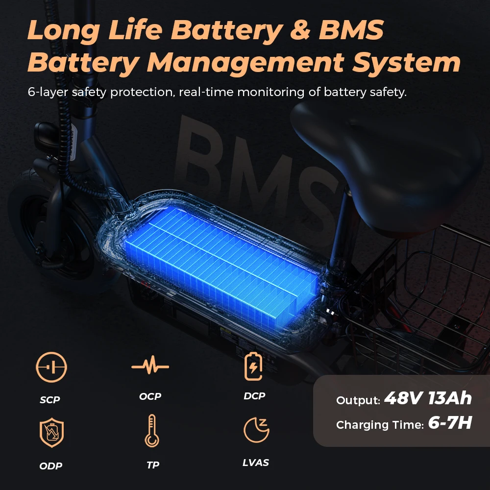 سكوتر كهربائي عالي الطاقة iScooter F3 48 فولت 1000 وات، سرعة 45 كم/ساعة، إطارات 10 بوصة، مقعد وسلة للبالغين