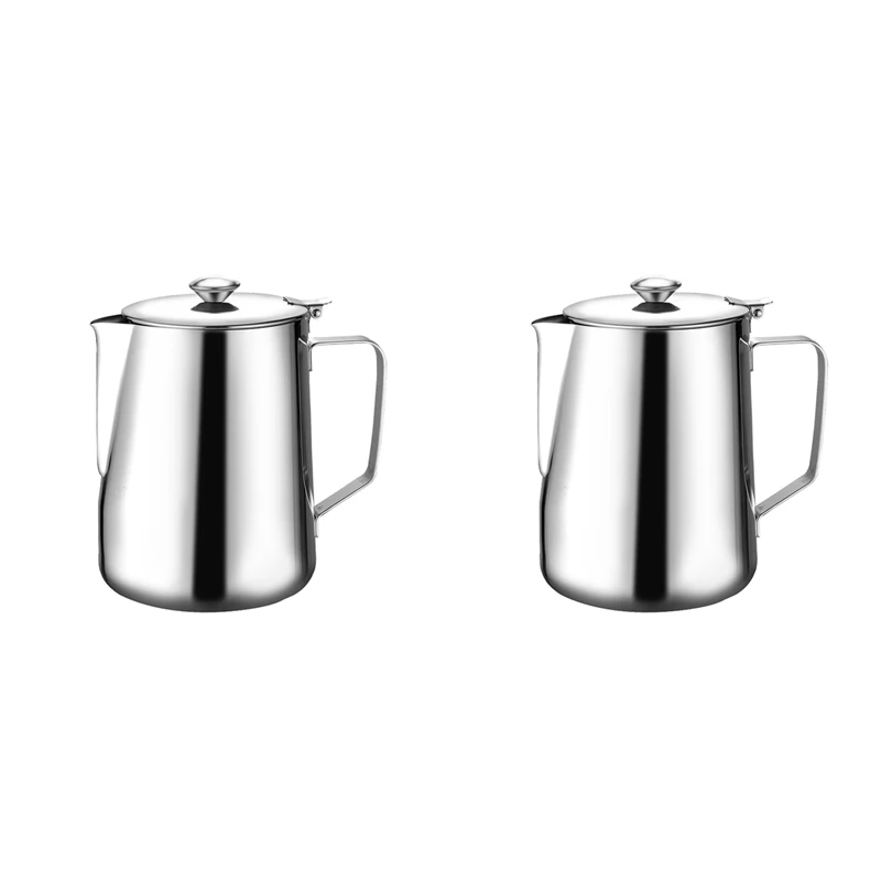 2X 350Ml Stainless Steel Milk Frothing Pitcher With Lid Espresso Coffee Cappuccino Milk Cream Cup Frothing Jug