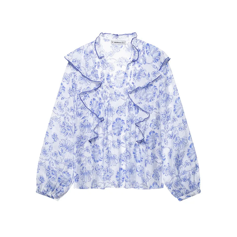 

New 2025 New Spring and Summer Frill and Laminated Decoration Floral Print Shirt