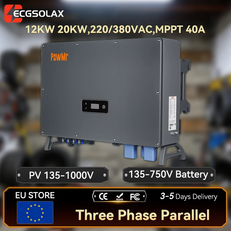 ECGSOLAX 12kW 20kW On/Off-Grid Dreiphasen-Solarwechselrichter mit reiner Sinuswelle, Hybrid-Energiespeicher für 135-V-Batterie, IP65