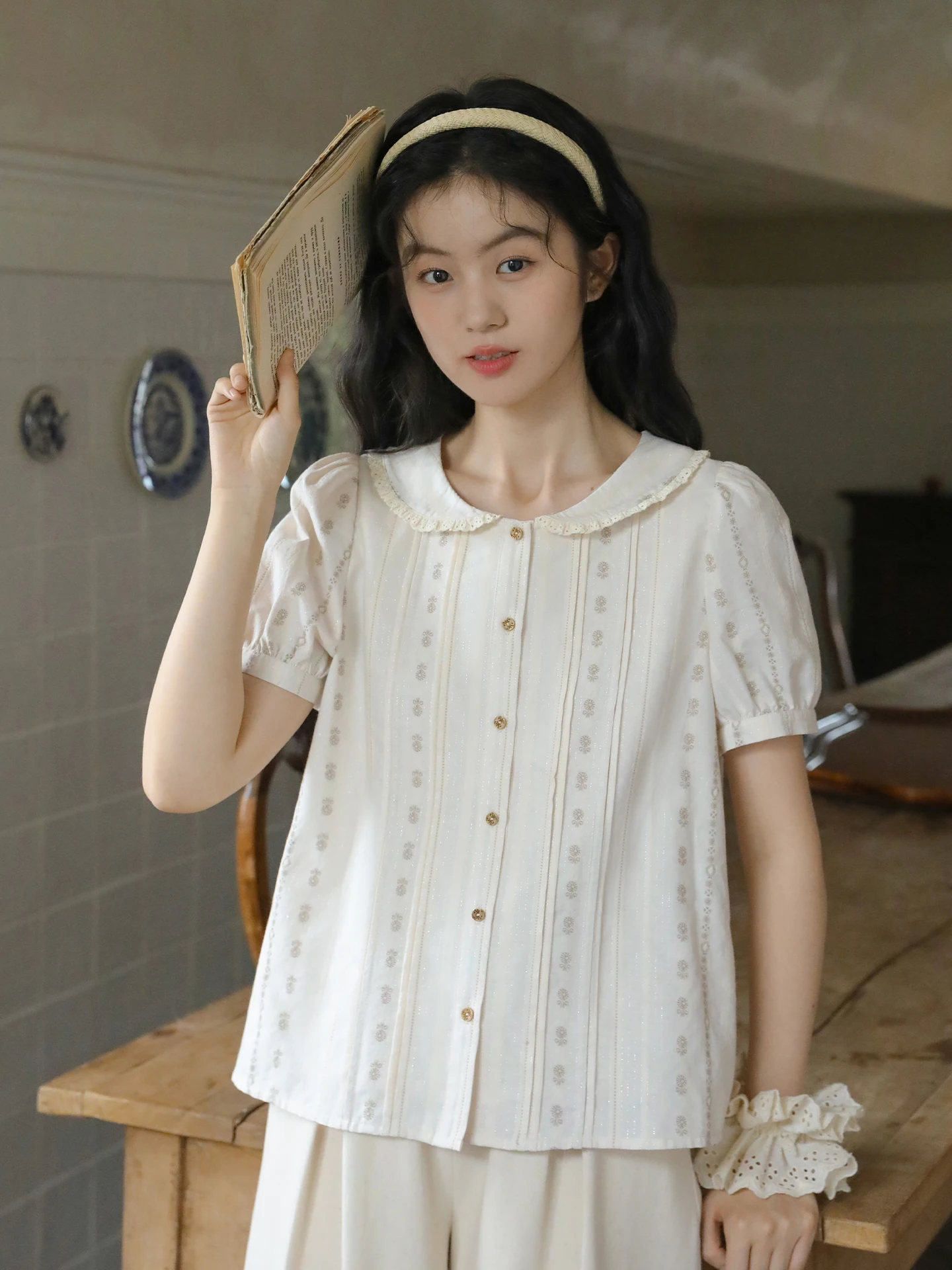 

Nesoulum Women's ort Sve Cotton irt Loose Fit Turn-down Collar Summer Commute Sle k Pattern Mixed Color Top