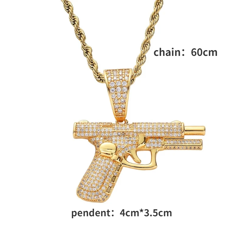 Hip-hop Rock Mini Gun Pistol Rhinestone Inlaid Pendant Necklace for Men Women Fashionable Rapper Jewelry Rope Chain Gifts