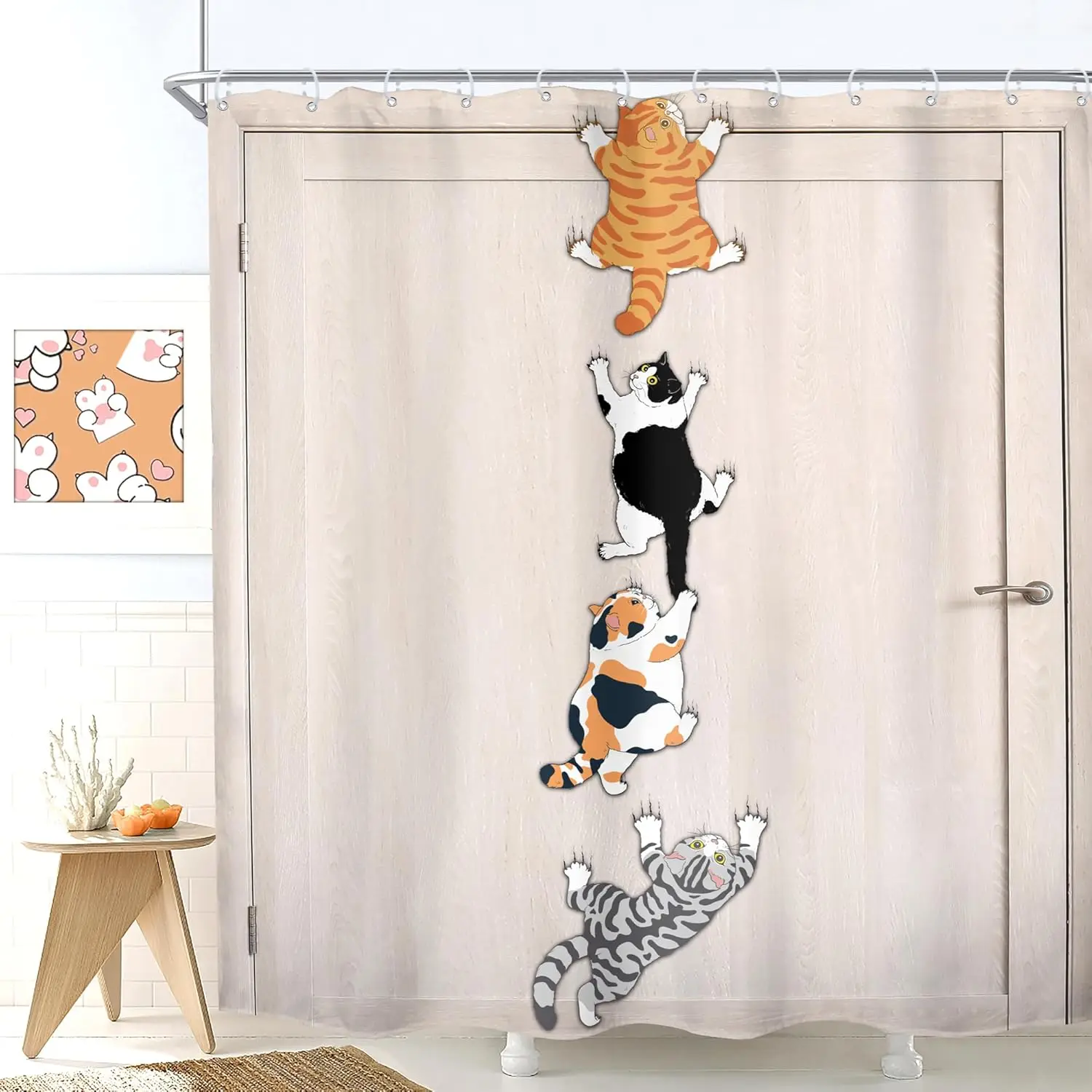 Cat Shower Curtain Kids Funny Cute Lovely Cartoon Kitten Pet Animal Climbing Door Hilarious Modern 12 Pack Hooks Polyester