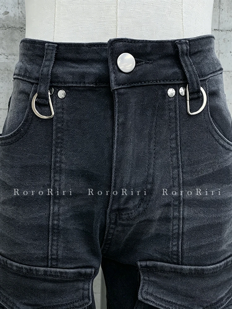 RORORIRI Distressed Women Cargo Denim Pants Alt Grunge Skinny Stretchy High Waist Multi-pockets Bootcut Jeans Vintage Streetwear