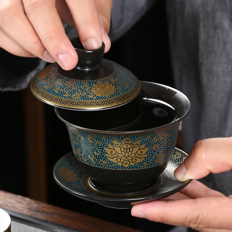 Chinese Teaset Classical Gaiwan Tea Cups Black Clay Tureen 180ml Lid Bowl Saucer Traditional Handmade Tea Brew Tea Cup