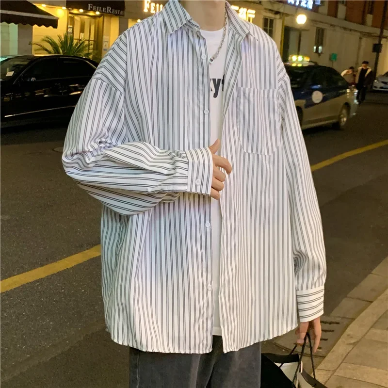 

Tide Striped Shirt Men's Long-sleeved Korean Version of Trend Gangster Handsome Shirt Spring Fall Hong Kong Wind Casual Jacket