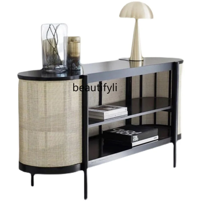 

Nordic Solid Wood Rattan Sideboard Cabinet Retro Domestic Wall Simple Entrance Cabinet Living Room Storage Cabinet