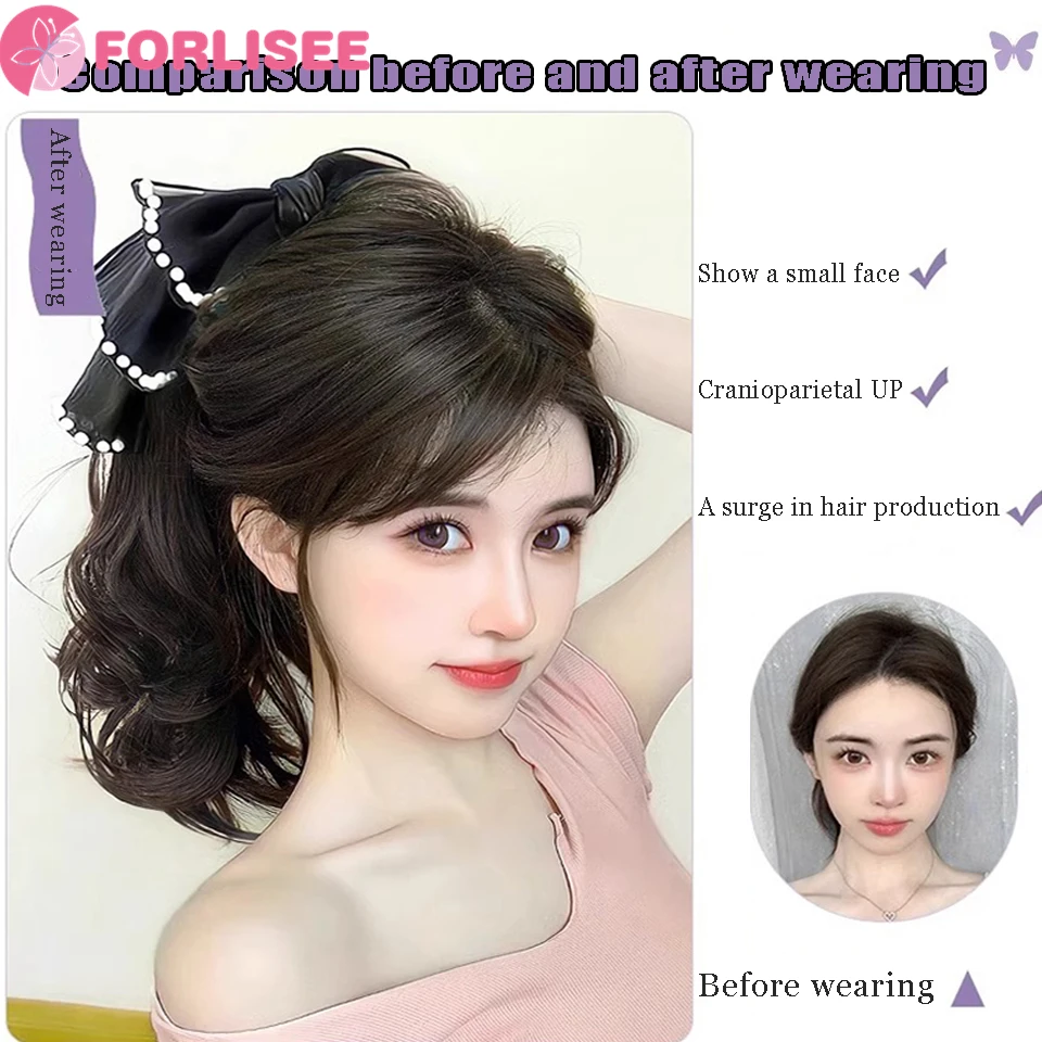 FORLISEE Synthetic Bow Knot Ponytail Wig Clip Type Fountain High Ponytail Female Retro Pearl Low Tie Wig Ponytail Braid