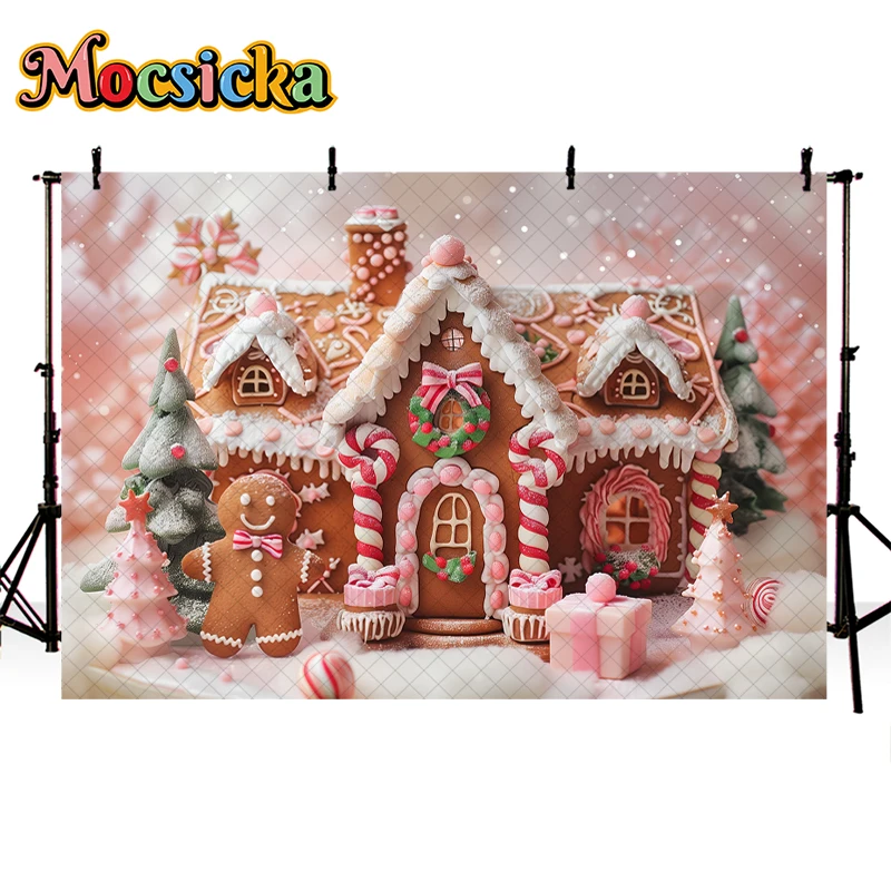 Mocsicka Pink Peppermint Gingerbread House Backdrops Kids Adult Photogrpahy Child Baby Photo Props Winter Christmas Background