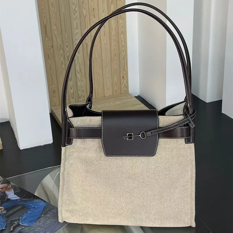

Genuine Leather Canvas Tote Bag Women New Large Capacity Retro Stitching Tote Bag High-end Brand Belt Design Luxury Shoulder Bag