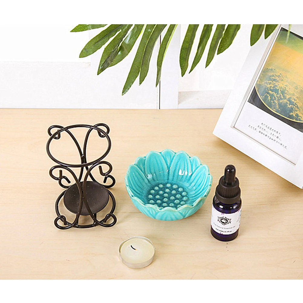 

Iron Rack Holder Blue Ceramic Plate Aromatherapy Essential Oil Burner Decorative Essential Oil Burner for Living Room