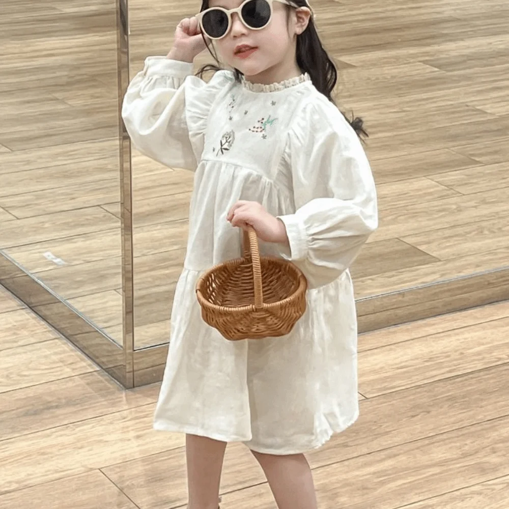 

Elegant Embroidered Flowers Lace Princes Dress Pleated Loose Girls Long Dress A-line Sweet Children Long Sleeved Dress Party