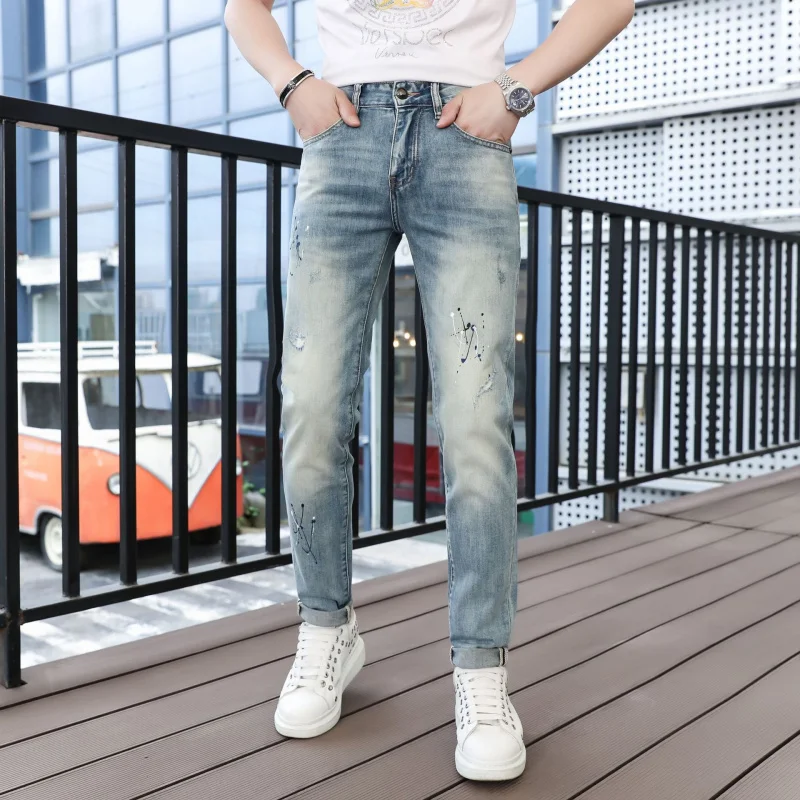 

2024New Paint Printed Ripped Jeans Men's Summer Thin Trendy Korean Stretch Slim Fit Casual Feet Trousers