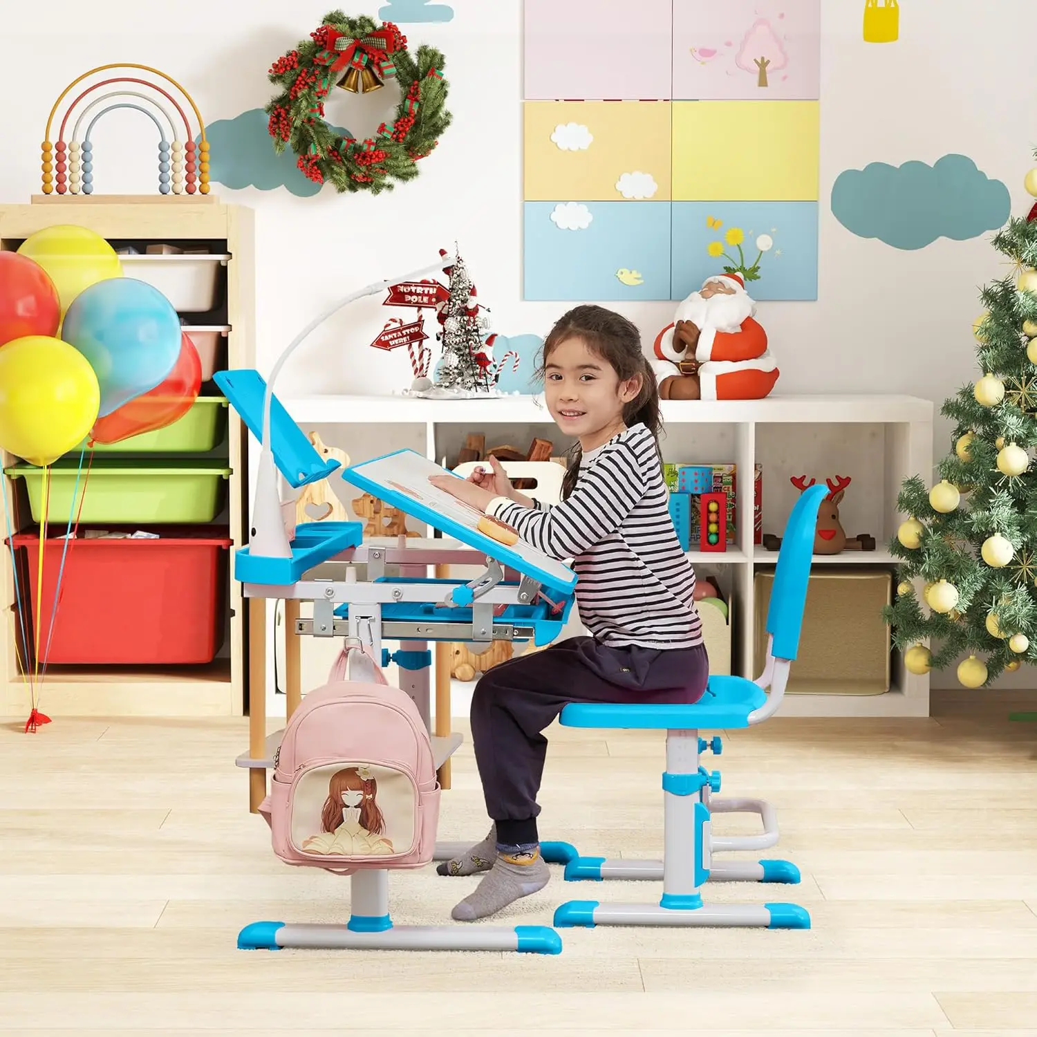 طقم مكتب وكرسي للأطفال، طاولات مدرسية متعددة الوظائف للأطفال مع سطح مكتب، إضاءة LED، خطاف معدني أزرق