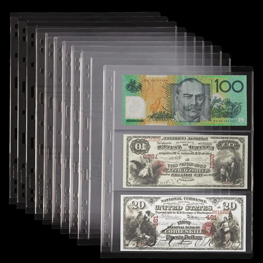 Currey-Hüllen für Sammler, 12 Blatt, säurefreies PVC-Papier, Geld, Currey-Taschenseiten, Münzsammelzubehör, 36 Taschen, 9 Löcher