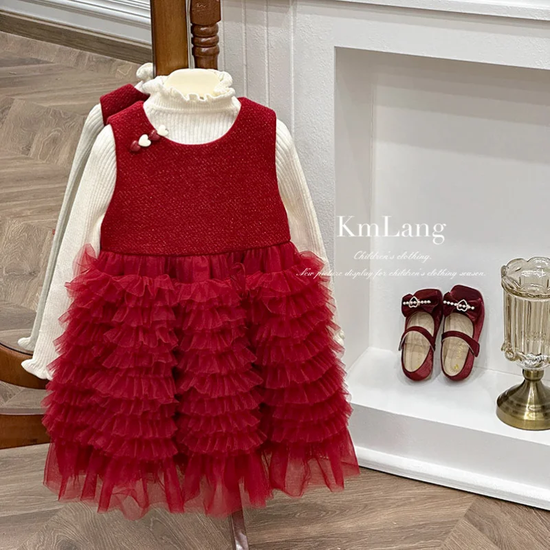

Girls' Dress2025Autumn Winter New Fashion Heavy Craft Puffy Skirt Red Princess Dress Fleece Lined Vest Dress Gown