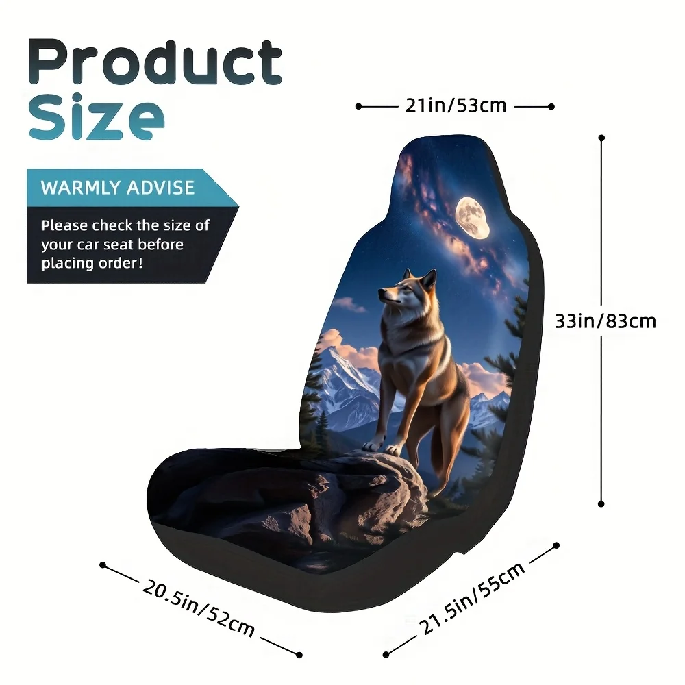 2pcs, Trendy Majestic Wolf Mountain Night Stars Print Front Seat Covers, Soft And Comfortable, Compatible With Most Sedan And SU