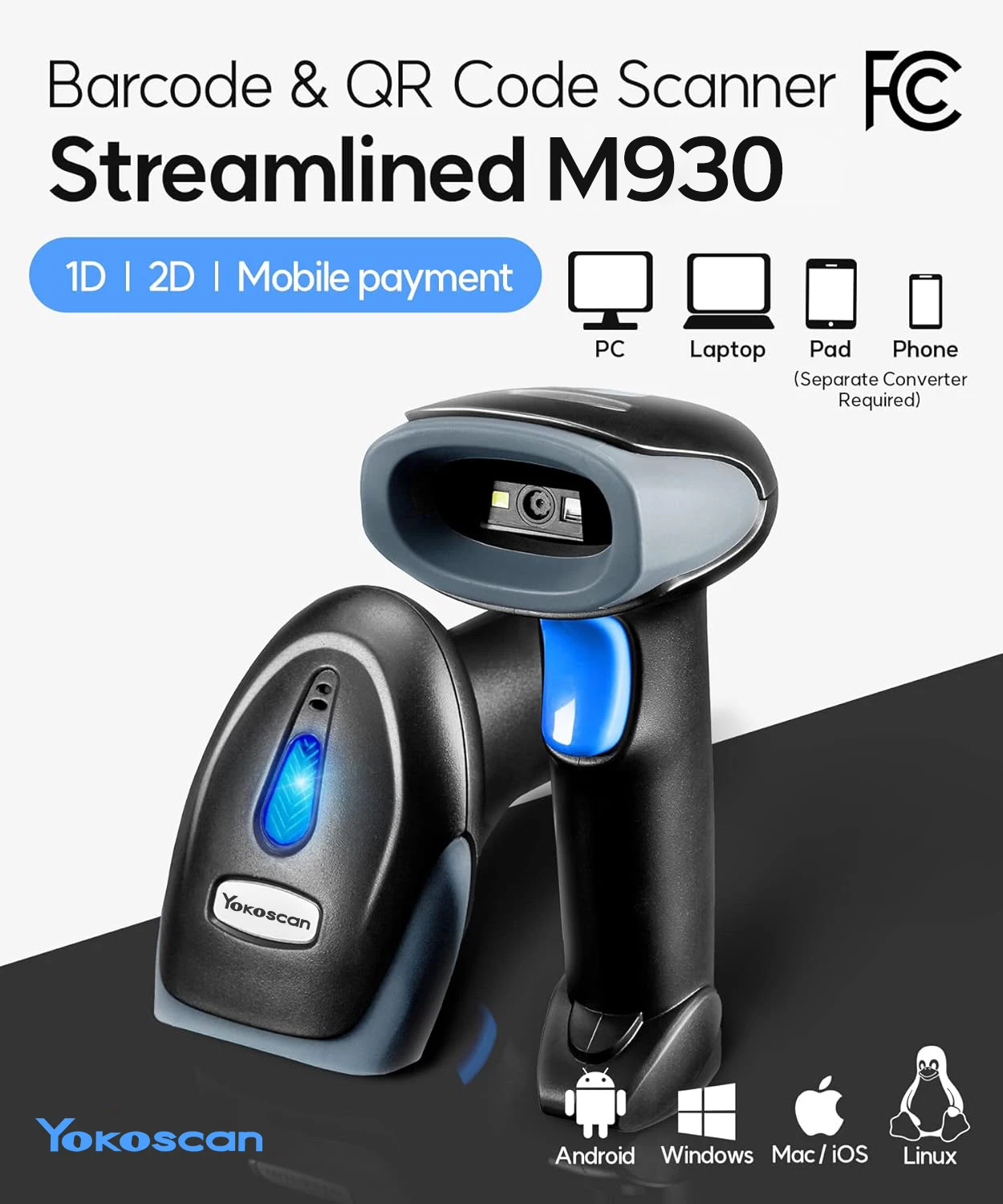 Barcode QR Code Scanner USB M930 2D Reader for Retail POS Library, Store, Supermarket, Medical, Warehouse