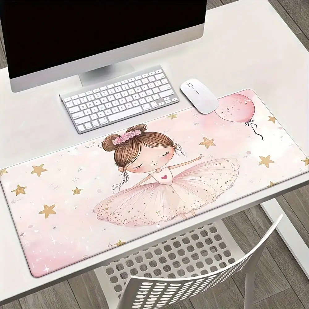 Ballet Mouse Pad And Desk Mat - Adorable Pink Ballerina Girl Pattern With Floral Decor, Soft Rubber Base And Smooth Surface, Large Rectangular Size Suitable For