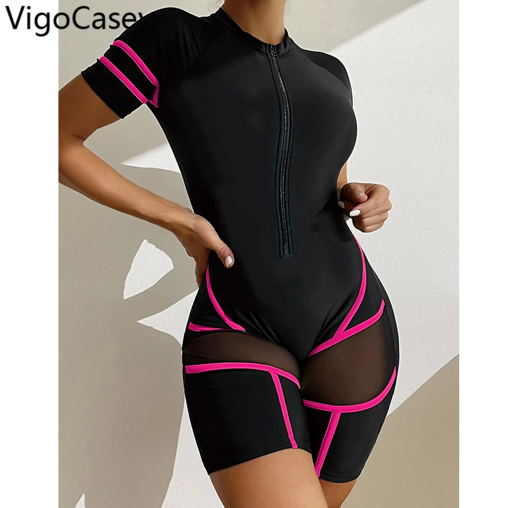 VigoCasey 2024 Solid Short Sleeve Swimwear Women Sexy Hollow Mesh Push Up One Piece Swimsuit Monokini Summer Beach Bathing Suit