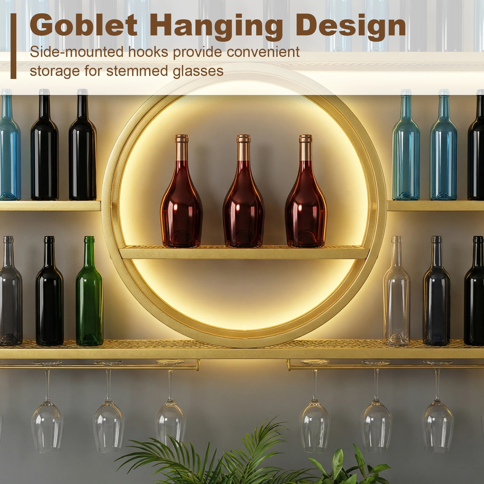 

Wine Display Storage Holder Metal Wine Rack Wall Mounted 3 Tier with LED Light with Wine Glass Holder for Home Bar & Dining Room