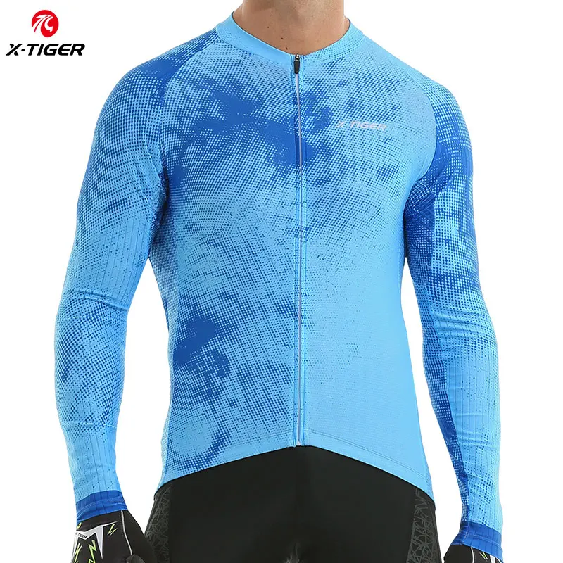 X-TIGER Autumn Cycling Jerseys Blue Upgraded Slim Fit Long Sleeve Jersey MTB Bicycle Clothes Training Rides Shirt with 4 Pockets