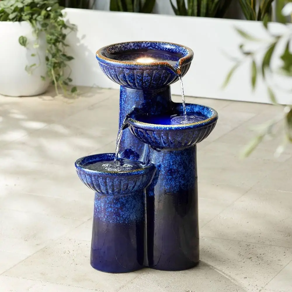 

Large Blue Cobalt Outdoor Floor Fountain with LED Light, 3-Tier Waterfall Feature for Garden, Patio, or Yard