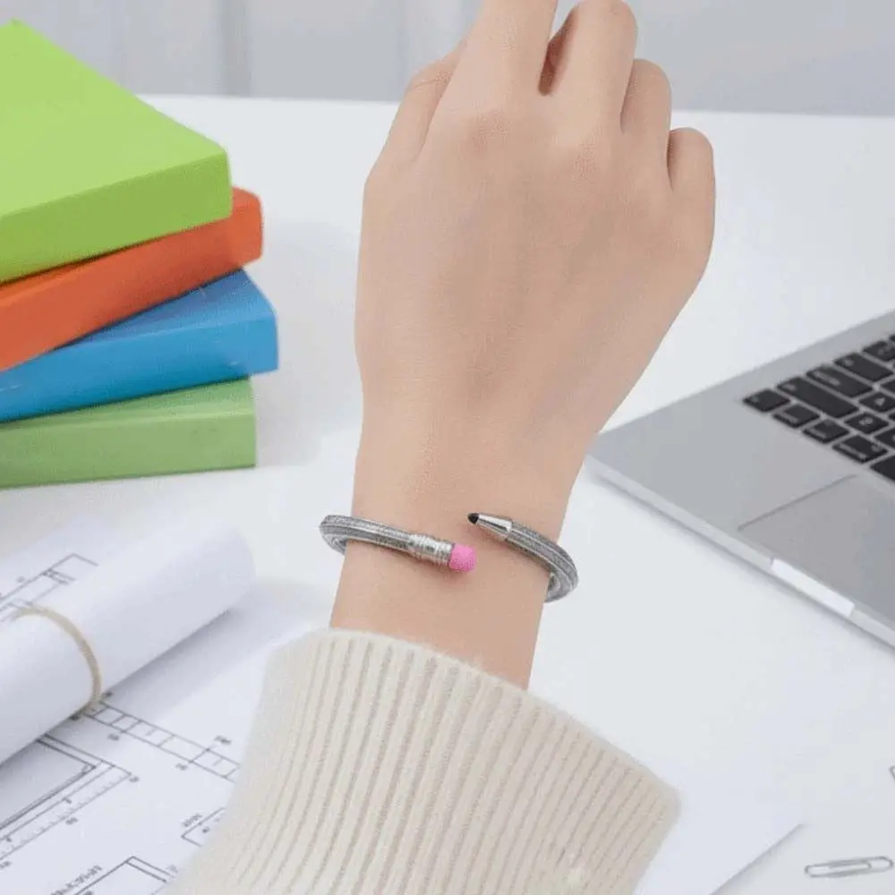 Vibrant Color Enamel Pencil Shaped Bracelet C-Shaped Open Cuff Cute Eraser Detail Enamel Cuff Bangle Polished Glossy Finish
