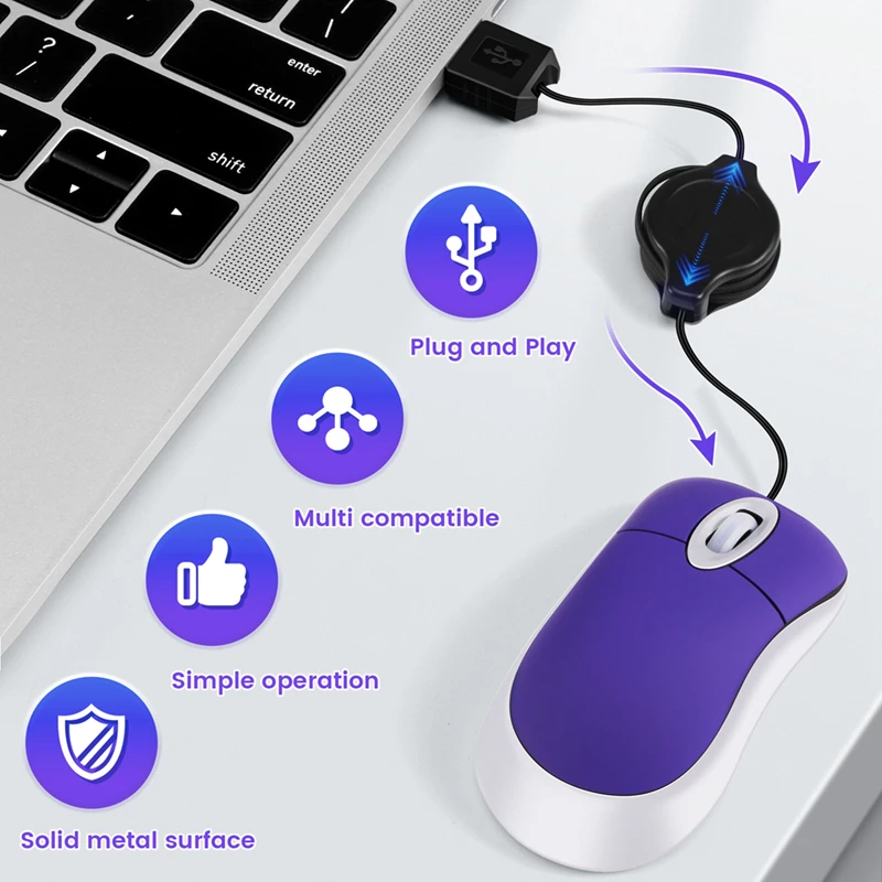 Mini USB Wired Mouse Retractable Tiny Small Mouse 1600 DPI Optical Compact Travel Mice for Windows 98 2000 XP Vista Version