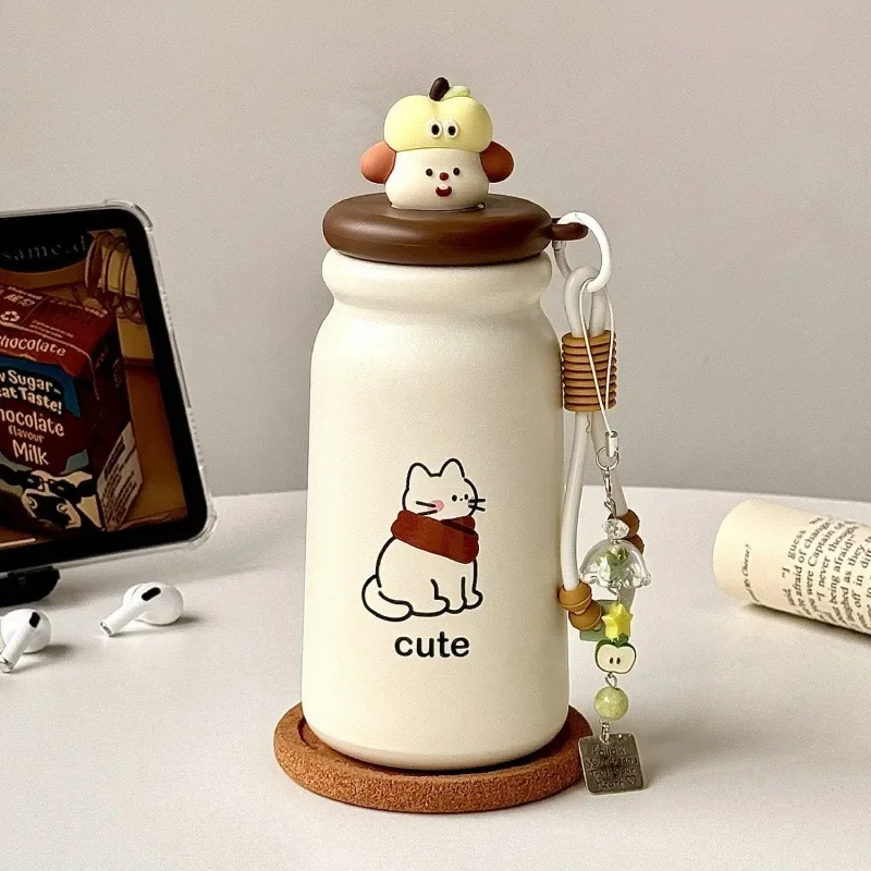 Kawaii Cat Tumbler Stainless Steel Thermal Water Bottle With Filter Straw For Hot Iced Coffee Tea Portable Thermal Cup 500ml
