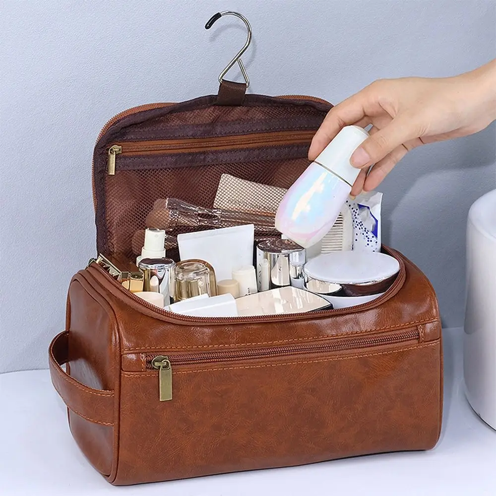 Durable PU Leather Men Toiletry Bag With Handle with Hanging Hook Cosmetic Storage Bag Handheld Large Capacity Handbag Travel