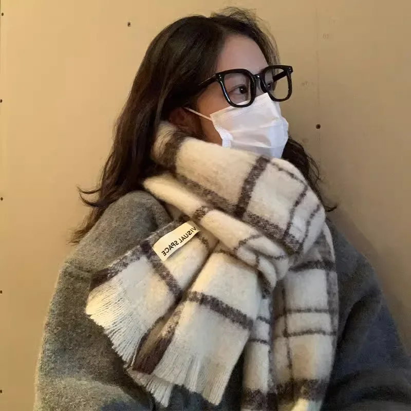 Damen Schals Neue Koreanische Plaid Einfache Harajuku Süße Kawaii Vielseitig Winter Verdickt Plüsch Quaste Warme Schal Schal Für Mädchen