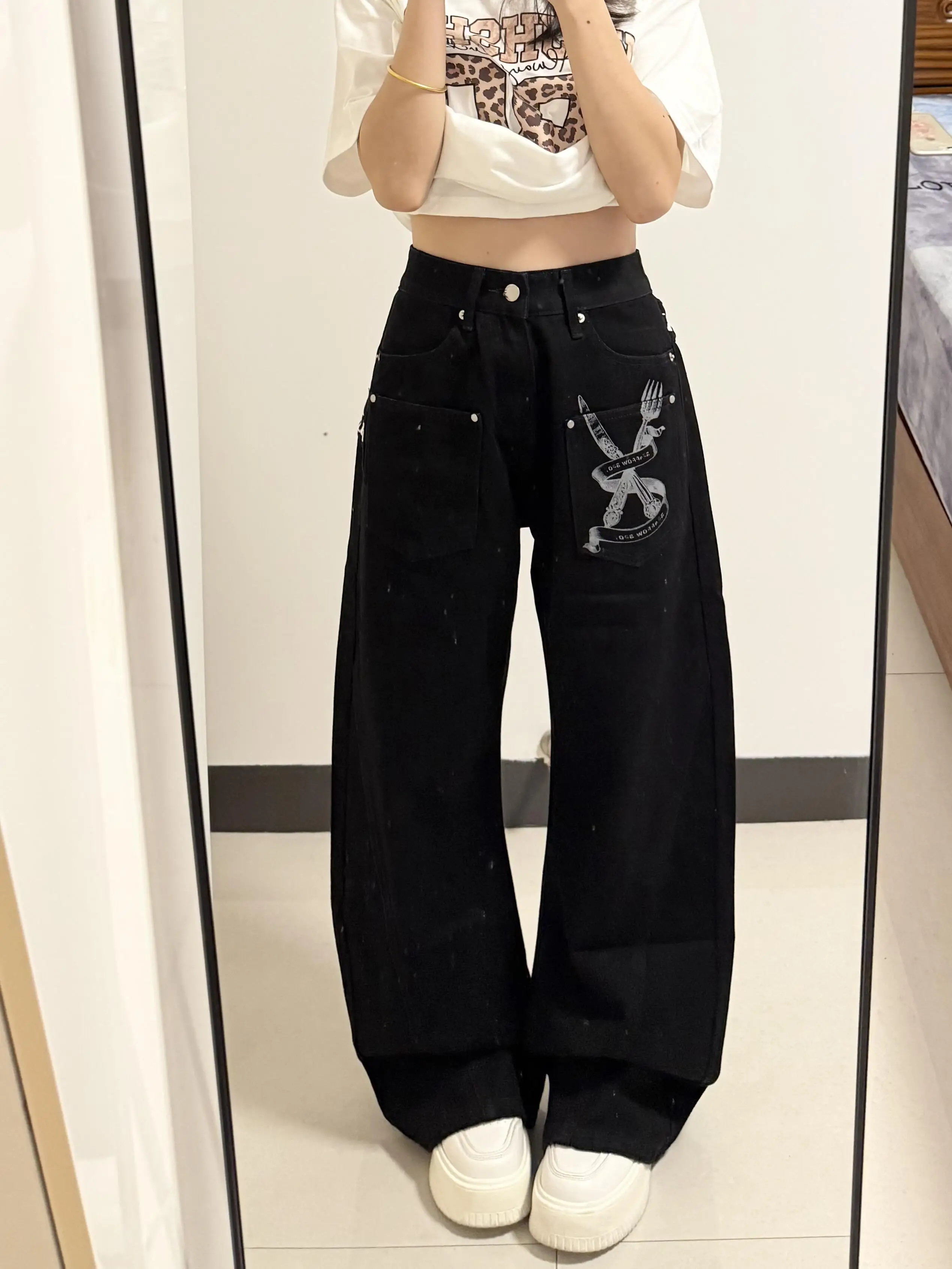 Sweet Cool Spicy American Style Printed High Waist Wide Leg Jeans Women Summer Design Loose Slim Straight Cut Denim Pants