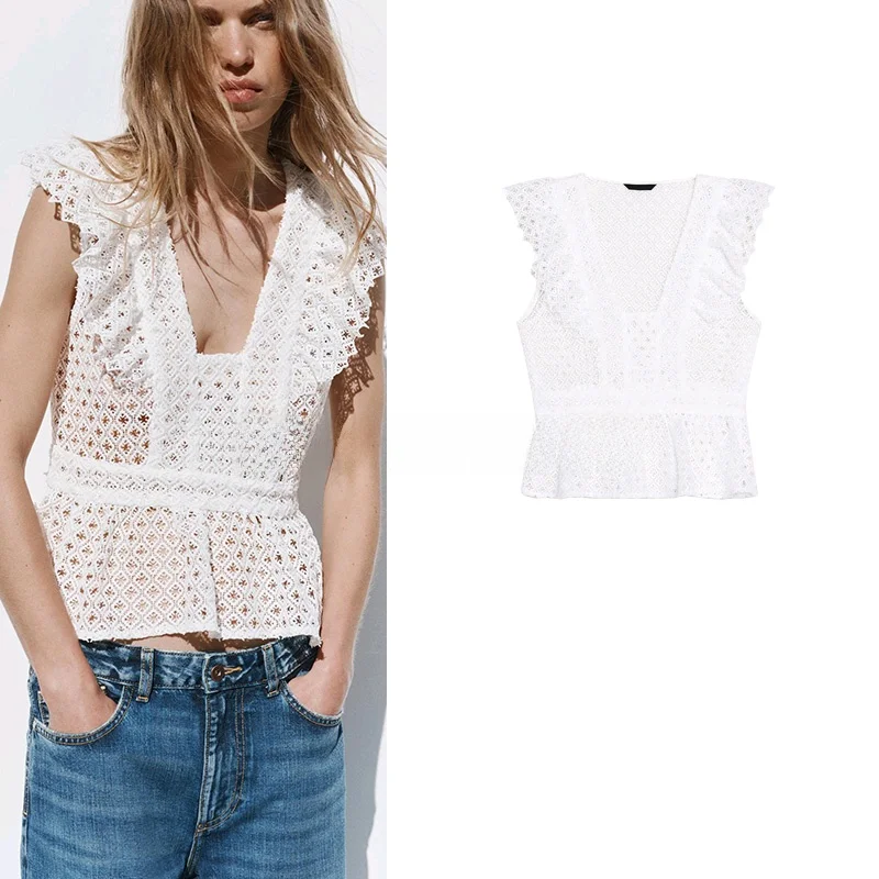 

Весенне-летний женский топ с вышивкой и вырезами, простой, элегантный, с круглым вырезом, приталенный, с V-образным вырезом, стандартной длины