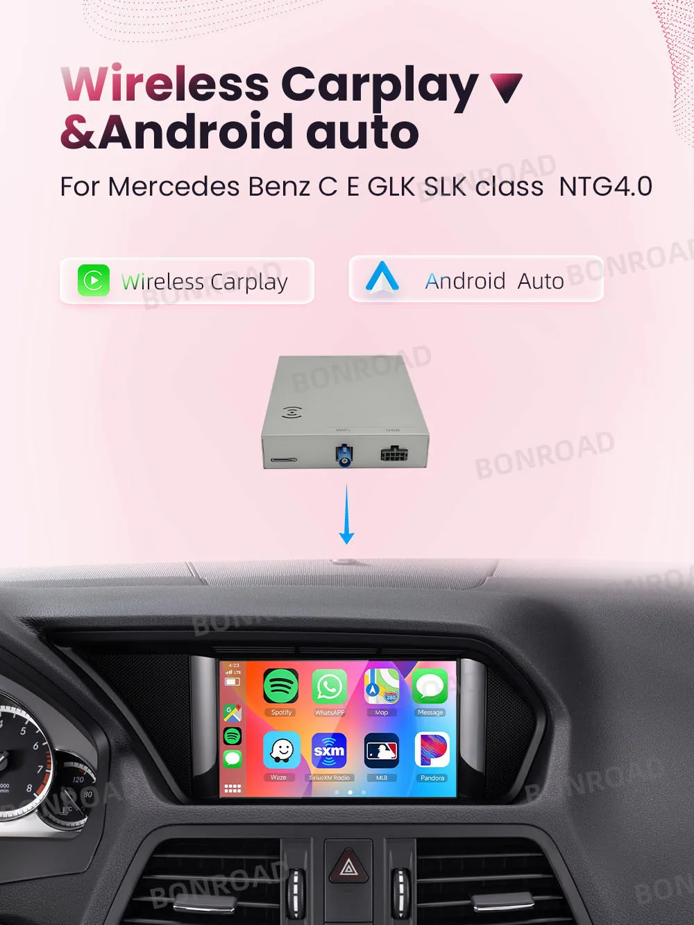 Moduł interfejsu BONROAD Wireless CarPlay Android Auto do Benz GLK E C SLK Class NTG 4.0 z adapterem Bluetooth Mirror Link — 2
