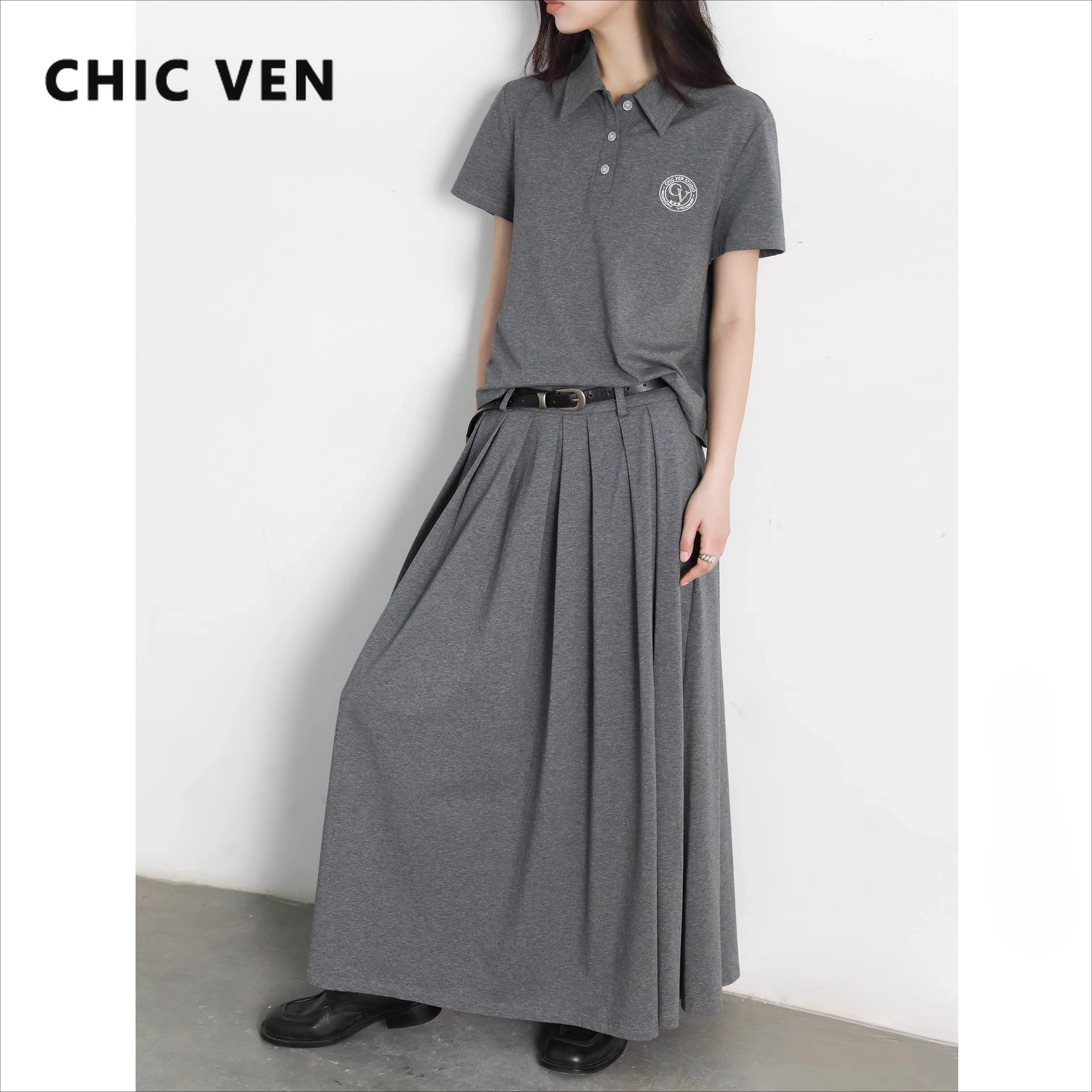 

Женская футболка CHIC VEN, свободная повседневная футболка в студенческом стиле, пуловер с короткими рукавами, футболки, длинная плиссированная юбка, комплект для девочек, весна-лето 2025
