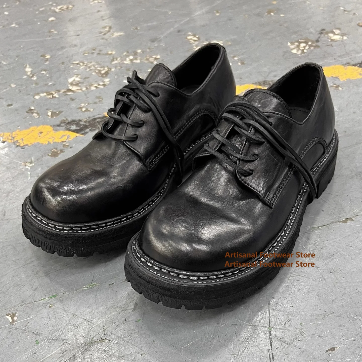 

Thick-Soled Derby Shoes Black Cowhide Big Round Toe Height Increasing Leather Casual Shoes Trendy Designer Lace-Up Men's Shoes