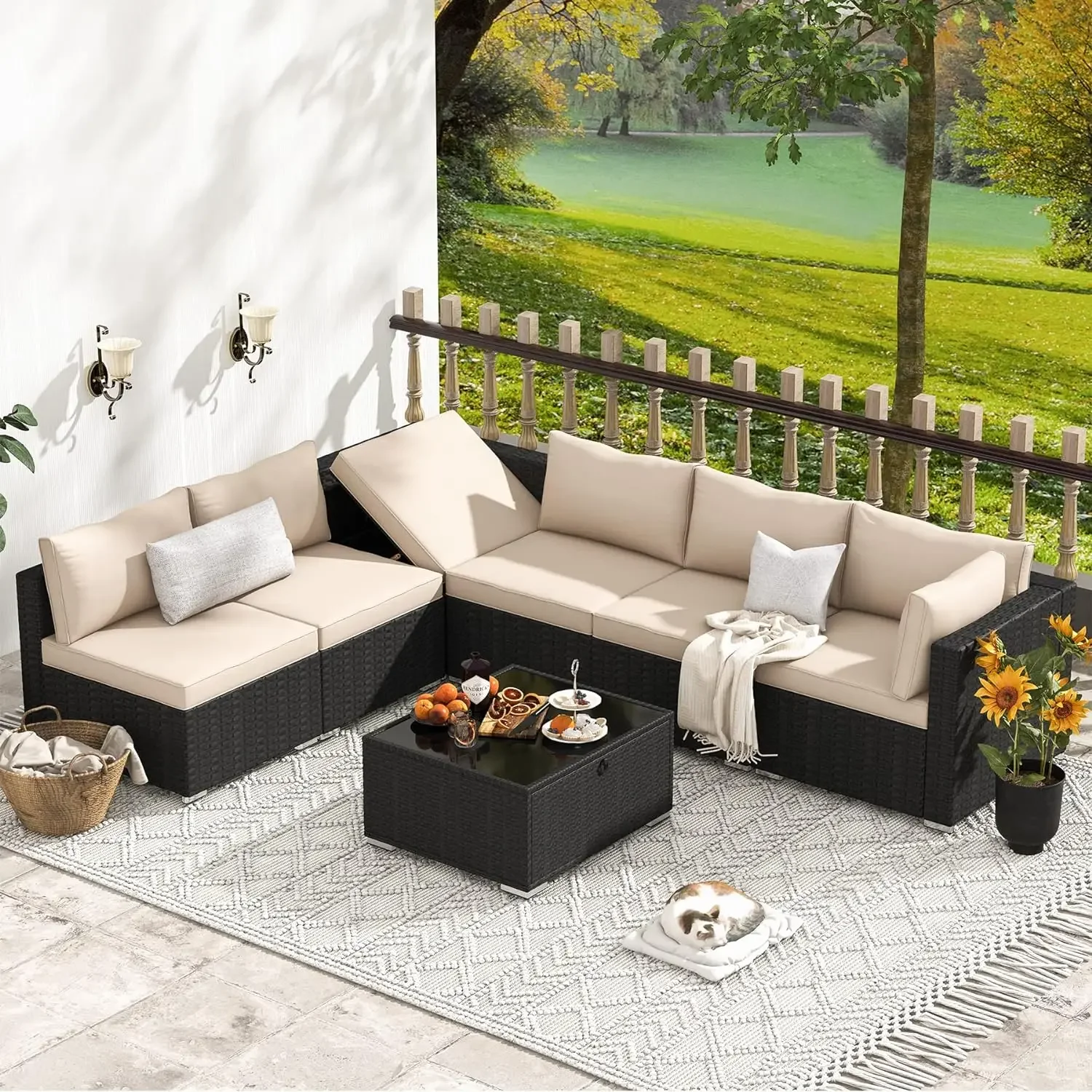 Hand Woven PE Rattan Patio Conversation Sets, Outdoor Sectional Set with Storage Table, Cushions and Pillows